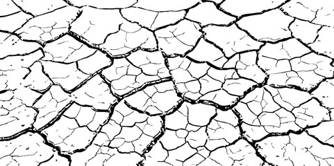 A stark, high-contrast, black and white close-up of severely cracked earth, showing a network of deep fissures and irregular polygons. The texture emphasizes the dryness and desolation of the ground.