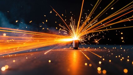 Bright sparks and sparks flying from a welding process, showcasing the intense heat and light emitted during metal fabrication.