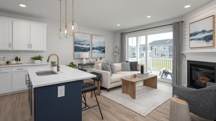 Open-concept living area with modern kitchen and fireplace