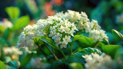 White flowers cluster on green leaves, with blurred background; a lush, garden scene.