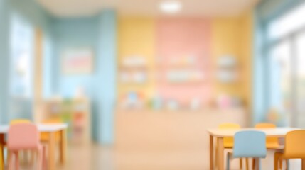 Playroom interior with toys, bright colors, soft mats, and sunlight filtering through.blurred image, soft out-of-focus background