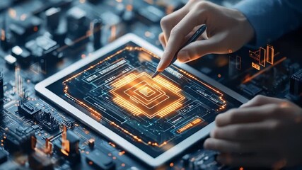A hand using a stylus to interact with a glowing circuit board design on a tablet, surrounded by tech components - Powered by Adobe