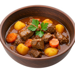 Beef Stew With Potatoes and Carrots in Clay Bowl Isolated on Transparent Background