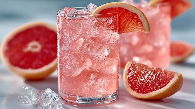 Refreshing pink grapefruit cocktail garnished with fresh fruit and filled with crushed ice