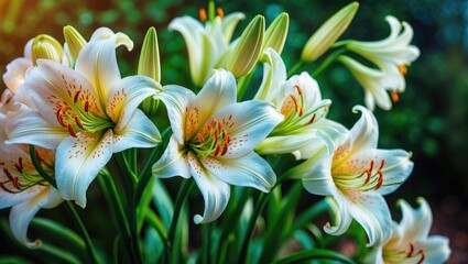 Fototapeta premium White lilies with orange and red markings in bloom against a blurred green background