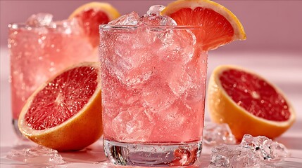 Refreshing pink grapefruit cocktail garnished with fresh citrus slices and crushed ice