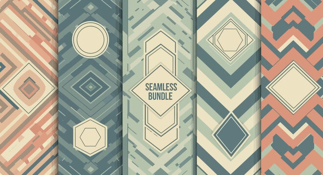 Fototapeta Five vertical abstract patterns with geometric shapes and decorative frames displayed.