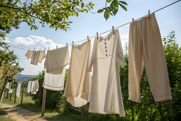 Various clothes hanging to dry on a drying rack at a backyard
