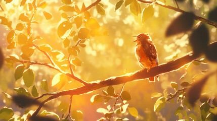 Bird perched in a tree at sunset, glowing light, soft focus on feathers