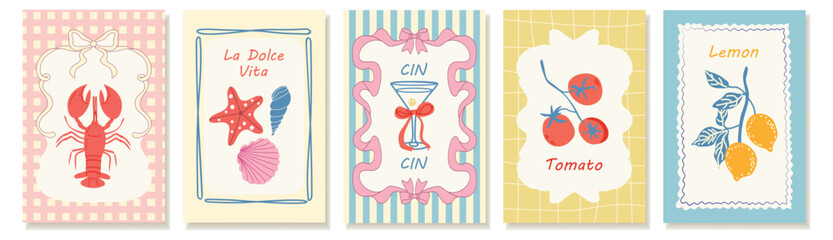 Set of summer Mediterranean posters with Italian vibes. Hand-drawn vector illustrations.  Amalfi. Italian food- lobster, tomatoes, lemons, sardines, and cocktails. Perfect for kitchen decor, cafe menu