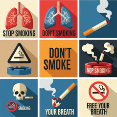 Flat Anti-Smoking Poster Set with Lungs, Cigarettes and Warning Icons