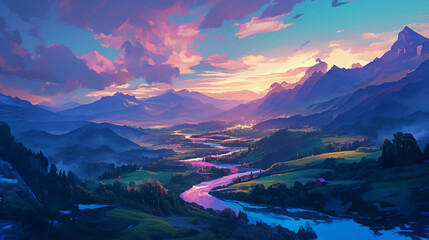 Mountain landscape with flowing river and colorful sky at dusk