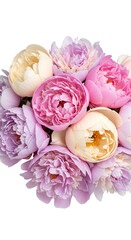 Bouquet of Pastel Pink and Purple Peonies on Black Background