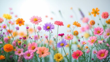 Colorful flowers in a field with pink, orange, purple, and yellow blooms. A lively floral scene with vibrant and diverse flowers.