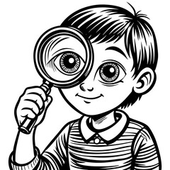 A black and white drawing of a boy looking through a magnifying glass