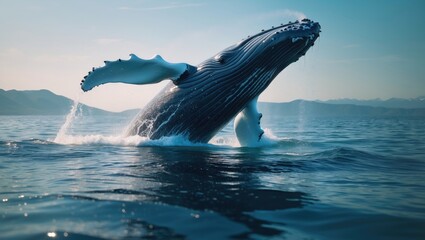 Fototapeta premium A whale breaching the ocean surface with mountains in the background. Marine life and nature, concept. Wildlife and aquatic animals. The concept of ocean wildlife and marine ecosystems.