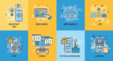 App development process illustrated: brainstorming, wireframing, coding, testing, and launch.