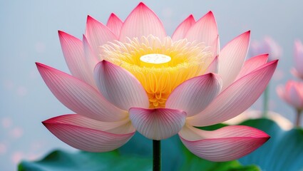 Pink lotus flower with yellow center, floating on water in a serene setting.