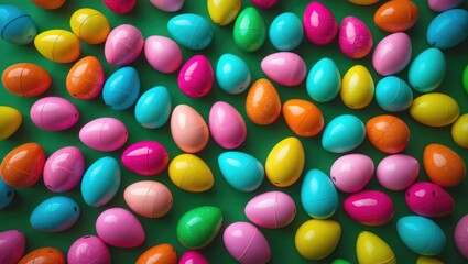 Fototapeta premium Colorful plastic Easter eggs in pink, blue, green, yellow, orange, and purple scattered on a dark background.