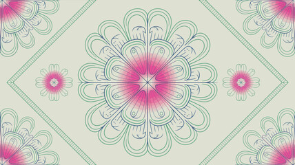 Intricate floral mandala pattern with soft pink and green hues, featuring symmetrical petal designs and decorative diamond borders, conveying elegance and natural beauty for decorative applications.