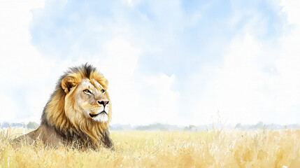 Majestic lion resting in golden grassland under bright blue sky, embodying strength and tranquility in nature beauty