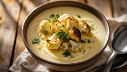 Creamy cauliflower soup garnished with herbs in a bowl.