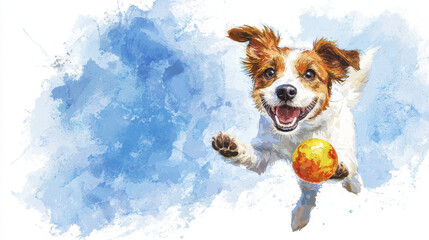 joyful dog leaps through vibrant blue background, eagerly chasing bright orange ball, capturing essence of playfulness and energy