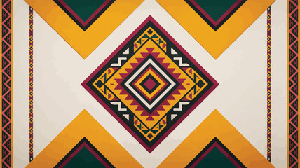 Intricate geometric pattern featuring a central diamond motif with vibrant colors and tribal-inspired border elements, showcasing a rich cultural aesthetic and detailed craftsmanship.