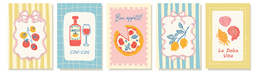 Set of summer Mediterranean posters with Italian vibes. Hand-drawn vector illustrations.  Amalfi. Italian food- tomatoes, lemons, pizza. Perfect for kitchen decor, cafe menus, recipe cards, or travel-