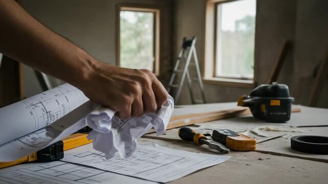 Frustrated male architect crumpling blueprints on a construction site. Stressful moment during renovation, concept of failure and changing plans in engineering.