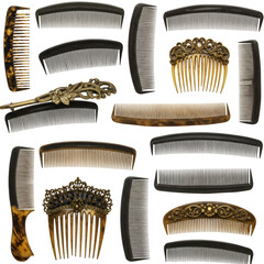 Collection of Antique and Vintage Combs on Transparent Background