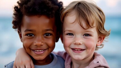 Portrait of two happy boys, dark-skinned and white friends, on the beach