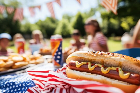 Hot dog with mustard celebrating independence day with family picnic in background - Powered by Adobe