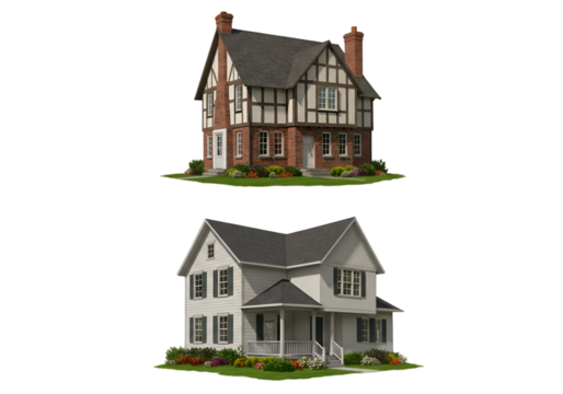 3D Render of Two Classic Suburban Houses Isolated on Transparent Background