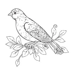 Fototapeta premium Detailed black and white line drawing of a small bird perched on a leafy branch