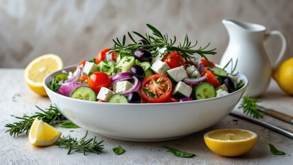 Fresh vegetable salad with cherry tomatoes, cucumbers, red onions, olives, and herbs in a white bowl, with lemon slices and a dressing pitcher nearby.
