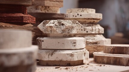 Various mycelium composite pieces, showcasing diverse shapes and sizes, rest on a workbench, hinting at modular designs and innovative construction possibilities