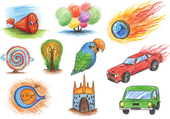 Collection of Whimsical Crayon Drawings on Transparent Background