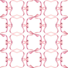 Seamless pattern of pink ribbons and bows intertwined in a grid. Hand-drawn watercolor illustration for fabric, packaging, and cover.