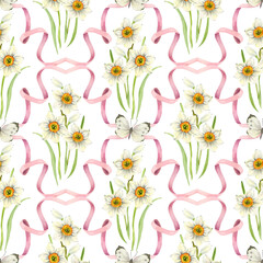 Seamless floral pattern with white daffodils, green leaves, wriggling pink ribbons and butterflies. Delicate spring watercolor illustration for fabric, wrapping paper, gift wrapping.