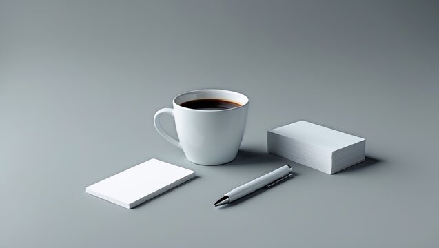 A coffee cup, pen, and stacks of white papers or cards on a grey surface.