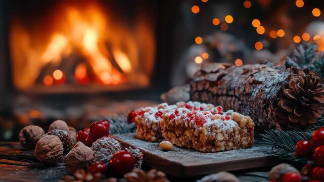 Festive Christmas confection, by a warm fireplace, with nuts, berries, and pine cones