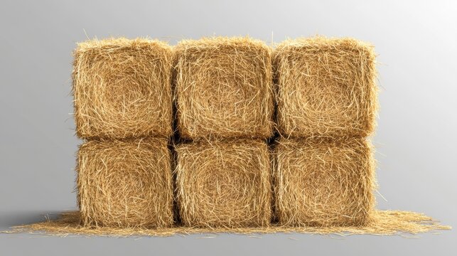 Six square hay bales stacked two-by-three on a grey background.