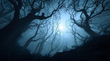 Eerie, foggy forest at night with a full moon and twisted, silhouetted trees

