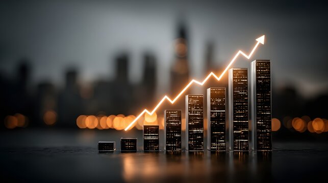 Business Graph with Growing Bar Chart and Upward Arrow in Night Cityscape