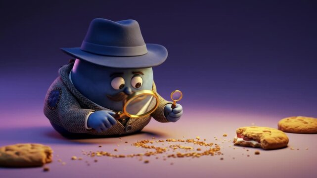 A blue, rotund detective in a fedora and tweed coat investigates cookie crumbs and a partially eaten cookie with a magnifying glass