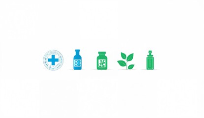 Healthcare-related icons including medical cross, bottles, and leaves