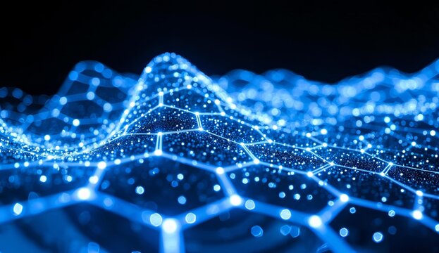 Abstract Blue Hexagonal Network with Illuminated Nodes and Connections - Powered by Adobe