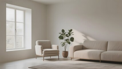 Minimalist Living Room with Beige Sofa, Armchair, and Potted Plant Near Window