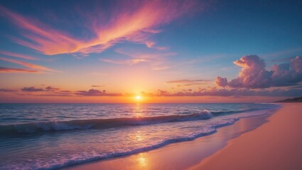 Fototapeta premium Sunset over the ocean with colorful sky and waves, serene beach scene, natural beauty, twilight atmosphere.